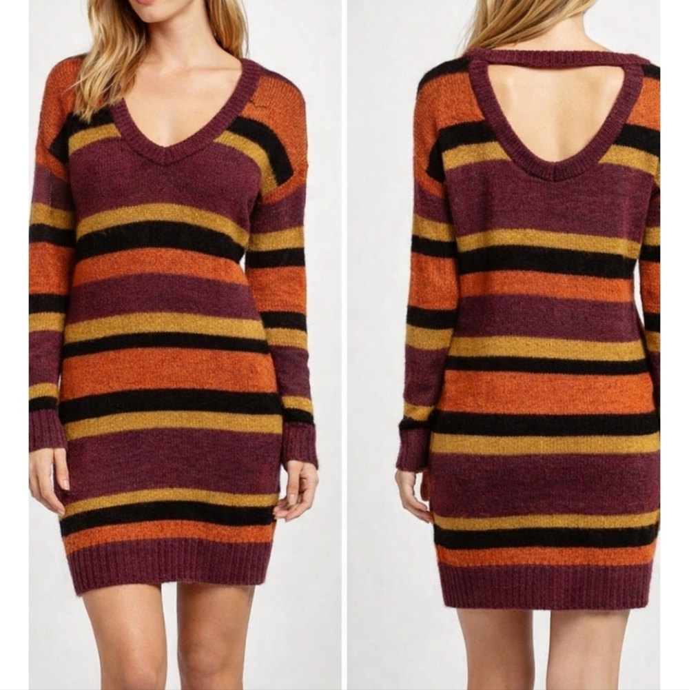 Band Of Gypsies Multicolor Striped Wool Mohair Blend Mini Sweater Dress/LongTop